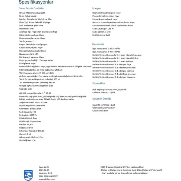 Philips 2000 Serisi Robot Süpürge, Islak ve Kuru Temizlik, LDS Radar Teknolojisi, Otomatik Boşaltma İstasyonu, HomeRun, Beyaz, XU2100/25