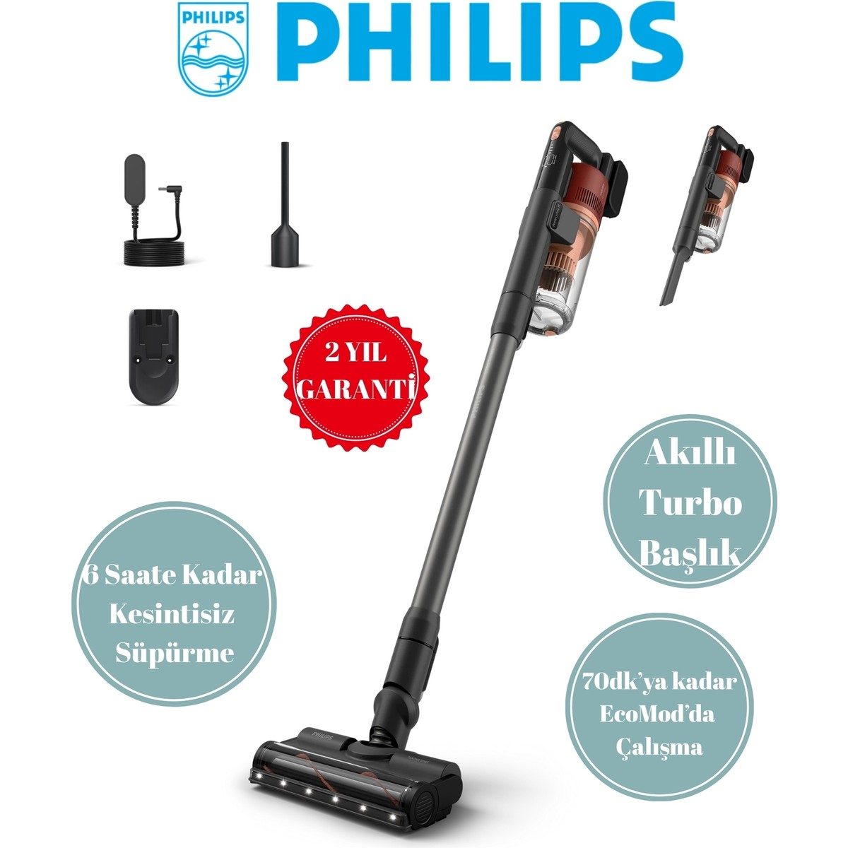 Philips 6000 Serisi Kablosuz Dik Süpürge XC6452/10, Turbo Başlık ve Toz Haznesi ile Güçlü Emiş HBCV0000D27193