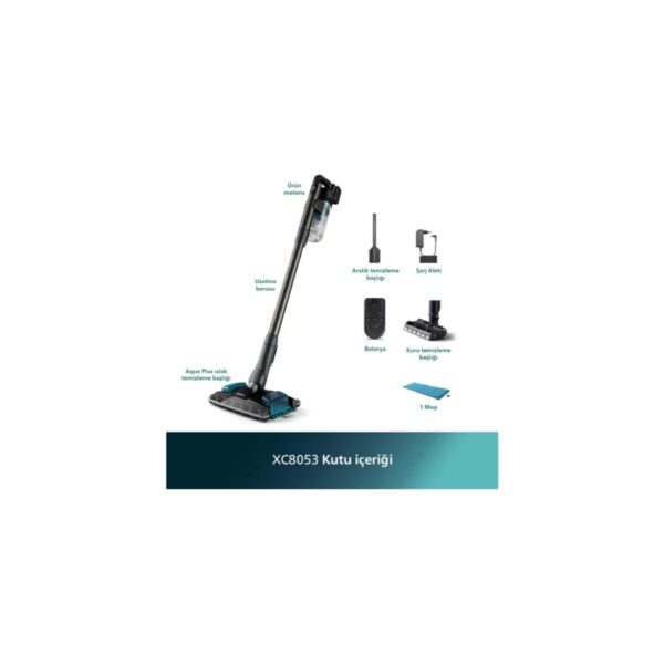 Philips 8000 Serisi Aqua Plus Kablosuz Dik Süpürge, 25,2 V, 80 dk’ya kadar Çalışma Süresi, PrecisionPower Başlık, Aqua Plus Başlık, XC8053/01