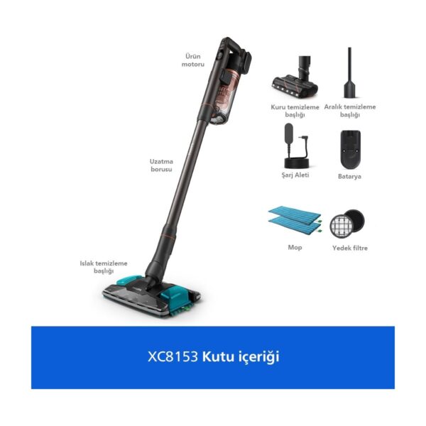 Philips 8000 Serisi Aqua Plus Kablosuz Dik Süpürge, 360 Emiş, LED Başlık, 80 dk’ya Kadar Kullanım, XC8153/10