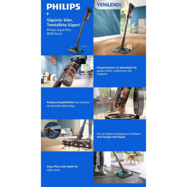Philips 8000 Serisi Aqua Plus Kablosuz Dik Süpürge, 360 Emiş, LED Başlık, 80 dk’ya Kadar Kullanım, XC8153/10
