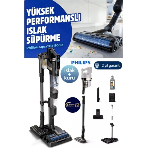 Philips Aqua Trio YENİ 9000 SERİSİ 3’ü 1 Arada (Islak, Kuru ve Moplu) Sarjlı ve Kablosuz Dik Süpürge