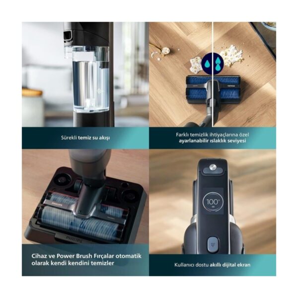 Philips Islak & Kuru Moplu Aqua Trio 9000 Seri Power Cyclone 12 Ultra Premium Dijital LCD Ekran, Hibrit Güç Motoru Yüksek Performanslı Kablosuz Dikey Süpürge Daha Temiz Daha Uzun Şarj