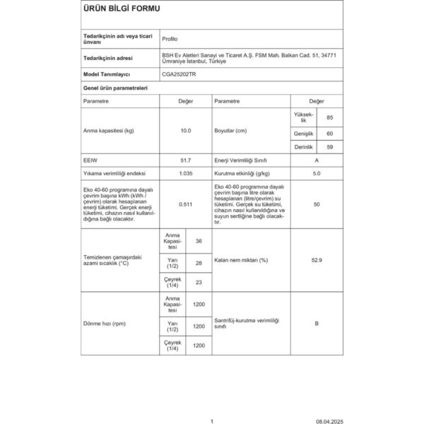 Profilo CGA25202TR A Enerji Sınıfı 10 kg 1200 Devir Çamaşır Makinesi