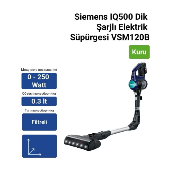 Siemens IQ500 Dikey Şarjlı Elektrik Süpürgesi VSM120B 18 V Güç Değeri ile Şarjlı Kullanım Özelliği