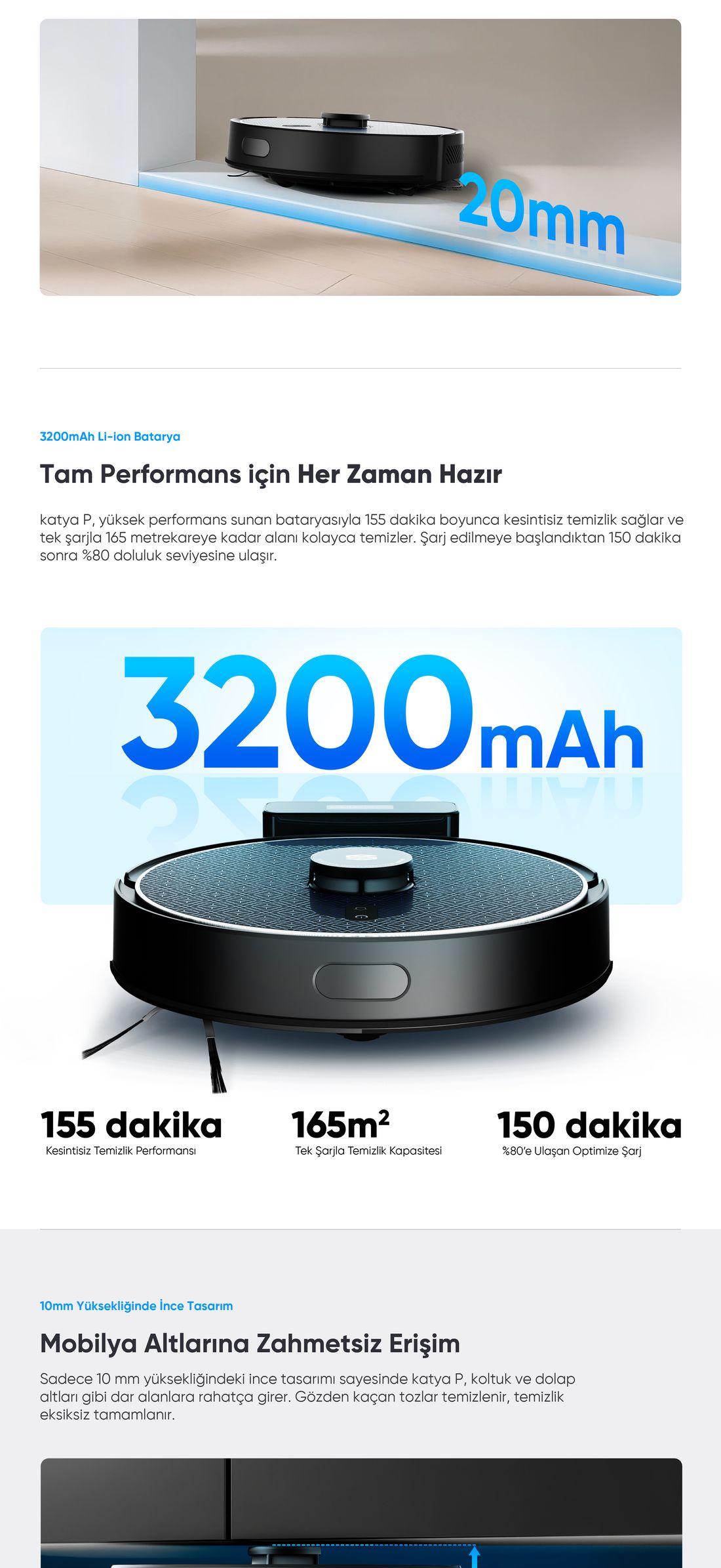 Şımart Katya P Akıllı Robot Süpürge Kıl Kesici Bıçaklı Ana Fırça 8000PA Emiş Gücü