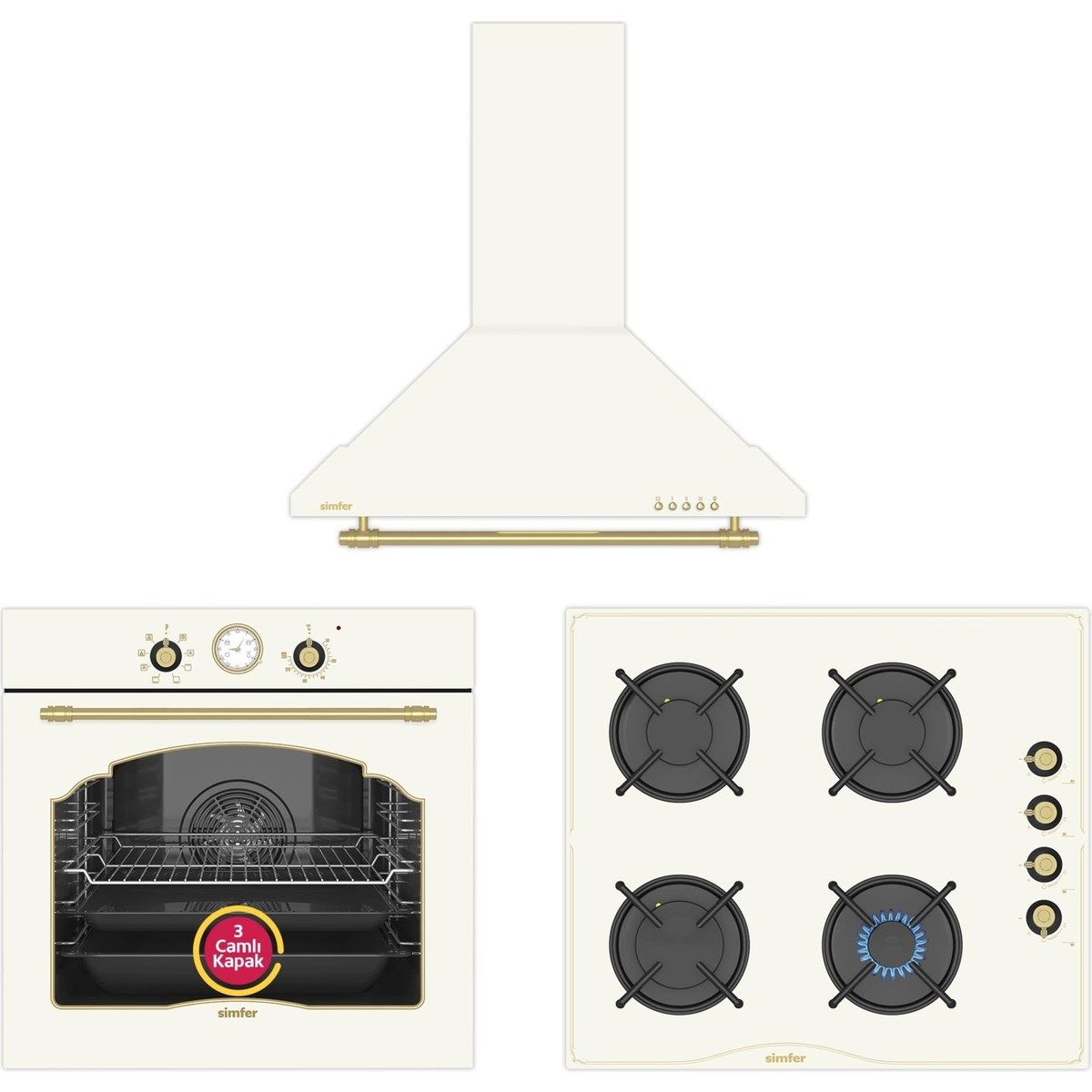 Simfer 0+8 Fonksiyon Retro Bej 3'lü Ankastre Set (8218 Fırın + 3326 Ocak + 8716 Davlumbaz) HBCV000073TL8A