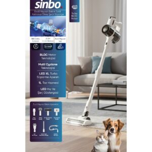 Sinbo SVC-8634 Kablosuz Dikey Süpürge Hayvan Seti 1L Toz Haznesi ile Elektrikli Kullanım ve H13 Hepa Filtre Beyaz