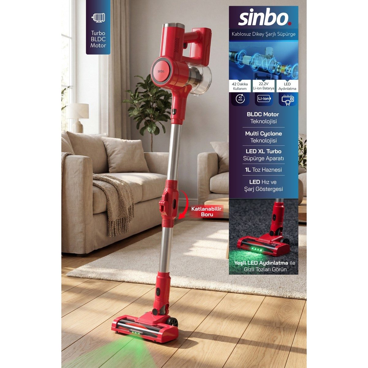Sinbo SVC-8642 Kablosuz Dikey Şarjlı Süpürge 22.2V Bldc Motor LED Işıklı Turbo Başlık 1l Toz Hazneli Kırmızı