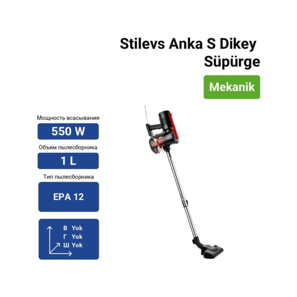 Stilevs Anka S Dikey Süpürge Kablolu 1 L Toz Haznesi EPA 12 HEPA Filtre ile Etkili Temizlik