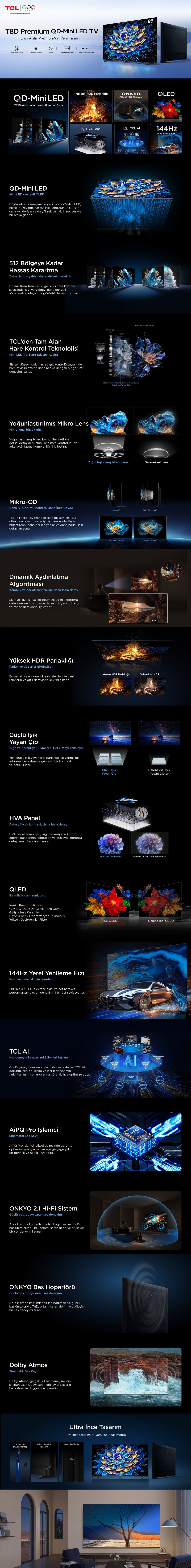 TCL 75T8D 75'' 190 Ekran Uydu Alıcılı 4K Ultra HD Google Smart QD-MiniLED Dimming TV
