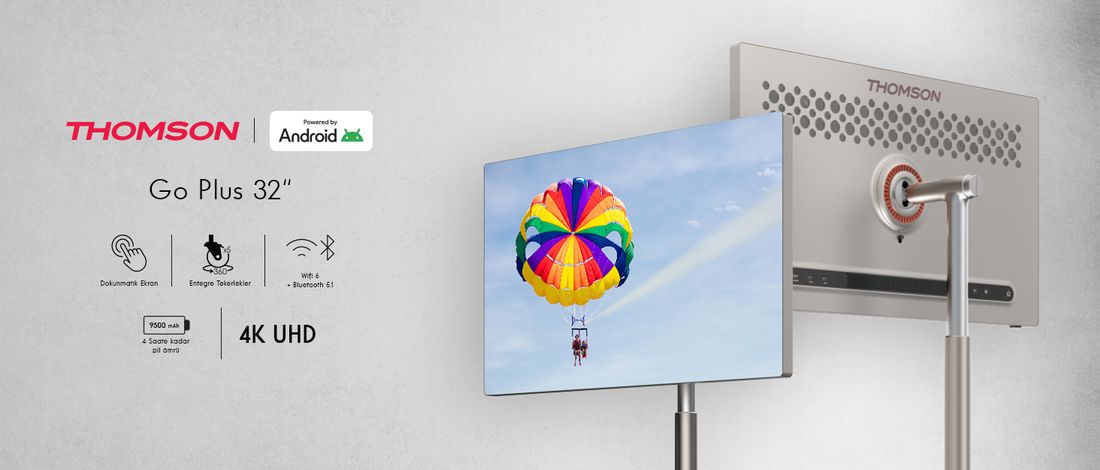 THOMSON Go Plus Taşınabilir Android 32" 81 Ekran 4K Ultra Hd Dokunmatik, Döndürülebilir, Tekerlekli, Dahili Hoparlörlü Tablet 32UE5M45